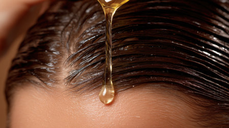 A close-up view of a hair oil treatment showing a droplet of oil glistening as it cascades from glossy strands, highlighting the essence of beauty and nourishment.の素材
