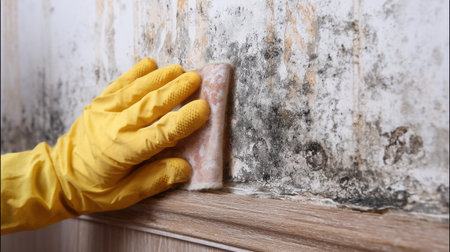 A person wearing a yellow glove scrubs a moldy wall with a brush, highlighting the importance of cleanliness and health in home maintenance and mold prevention.の素材
