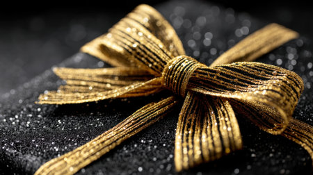 This stunning image features a black gift box adorned with a shimmering gold ribbon, perfect for holidays and special occasions, radiating elegance and charm.の素材