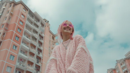 A young woman with vibrant pink hair and stylish sunglasses radiates happiness while posing in an urban environment, showcasing a carefree lifestyle with a cheerful vibe.の素材