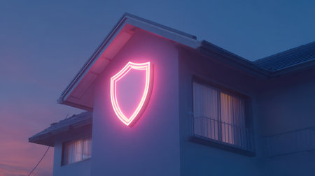 A stunning neon shield sign adds a touch of character to the exterior of a house at dusk, providing a secure feel in a peaceful residential neighborhood.の素材