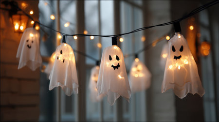 Adorable ghost lanterns bring a whimsical touch to Halloween festivities, adding a warm glow to indoor and outdoor spaces for a cheerful celebration atmosphere.の素材
