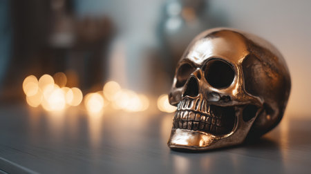 A shiny gold skull rests on a table, complemented by warm light and a soft-focus background, perfect for artistic displays or Halloween-themed decor.の素材