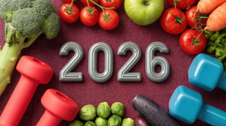 Colorful dumbbells and fresh produce surround the year 2026, symbolizing a commitment to fitness and health. Ideal for themes around nutrition, wellness, and active living.の素材