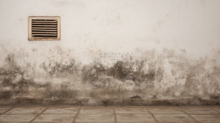 Weathered wall adorned with an old vent, capturing its rustic texture and stains. Perfect for backgrounds in artistic, architectural, or design projects.の素材
