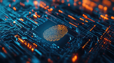 Futuristic depiction of a fingerprint scanner on a cyber technology background, focusing on personal data securityの素材
