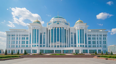 Wide-angle view of Akorda, the White House of Government in Astana, Kazakhstan, on a bright summer day in July 2024の素材