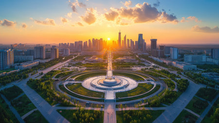 Top-down panoramic view of Astana (Nur-Sultan) during sunset, highlighting the city's vibrant architecture and dynamic cityscapeの素材