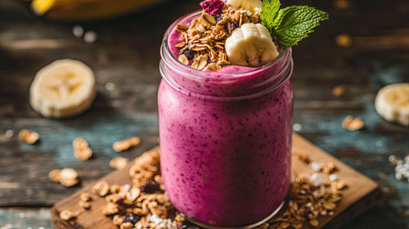 A vibrant smoothie in a mason jar, topped with granola, banana slices, and mint leaves, on a wooden surfaceの素材