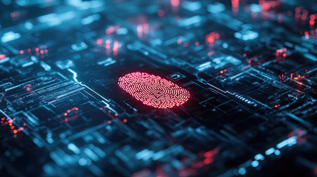 Close-up of a fingerprint scanner on a sleek digital platform, representing advanced personal data security in the cyber worldの素材