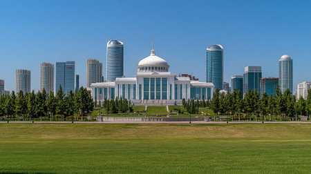 Landscape view of the White House of Government Akorda in Astana, Kazakhstan, with the city skyline in the background, photographed on a clear day inの素材