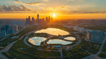 Top-down panoramic view of Astana (Nur-Sultan) during sunset, highlighting the city's vibrant architecture and dynamic cityscapeの素材