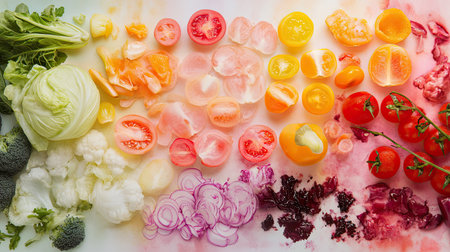 Top-down view of colorful vegetables arranged creatively on a watercolor background, ideal for food concepts and healthy living themesの素材