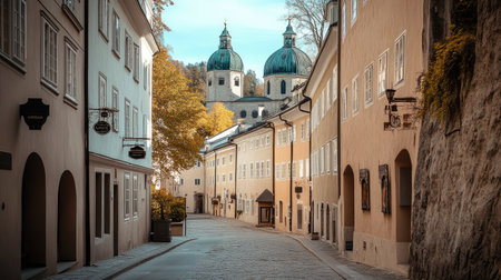 The peaceful streets of Salzburg, Austria, with historic buildings and scenic views, captured without any people.の素材