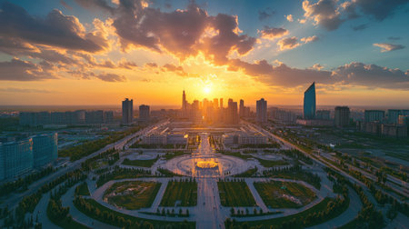 Sunset panorama of Astana (Nur-Sultan), Kazakhstan, showcasing the city's iconic buildings and urban landscape in aの素材