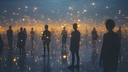 Silhouettes of people connected by a glowing network of lights, symbolizing globalization and technological integration.の素材