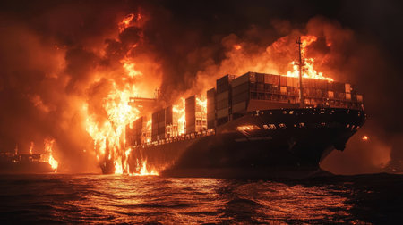 A colossal container ship ablaze in the middle of the ocean, with towering flames consuming its structure under the night skyの素材
