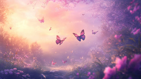 Flying butterflies in an ethereal, beautiful landscape, with soft lighting and pastel tones enhancing the magical, tranquil atmosphereの素材