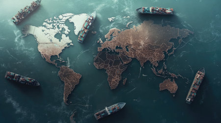 Global trade visual featuring ships and a world map, symbolizing the complexity ofの素材