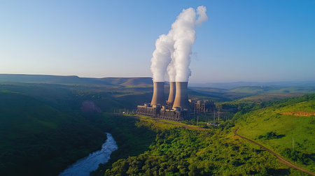 Industrial power plant amid lush greenery, with smoke billowing from towers, set against aの素材
