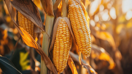 Close-up of ripe corn cobs hanging on the stalks, symbolizing the harvest season in the agricultural industryの素材