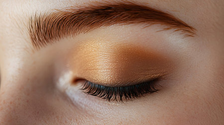 Elegant close-up of a womana closed eye, showcasing the fine details of professional eye makeup, with perfect eyebrowsの素材