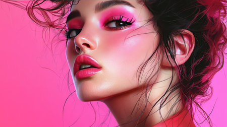 Artistic portrait of a young woman with bold pink makeup and a distinctive hairstyle, showcasing individualityの素材