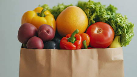Healthy groceries in a supermarket paper bag, featuring fresh produce with clean copy space for text, ideal for promoting nutritiousの素材