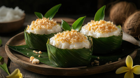 A beautifully crafted image of three Khanom Thai, a sweet dish made with coconut creme, tapioca starch, and sugar,の素材