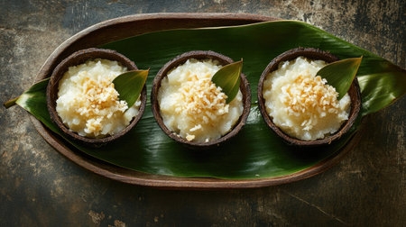 A beautifully crafted image of three Khanom Thai, a sweet dish made with coconut creme, tapioca starch, and sugar,の素材