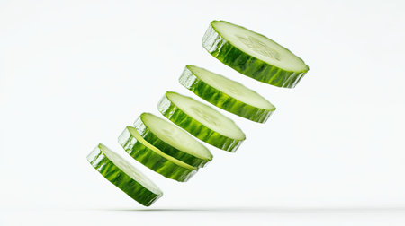 Cucumber slice tumbling through the air, isolated on a white background, emphasizing the freshness and full depth of the fieldの素材