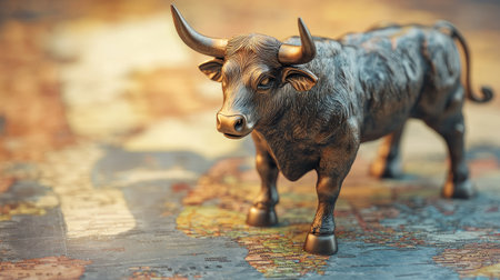 The bull symbol stands on a world map, representing the growth of international business and positive economic trends.の素材