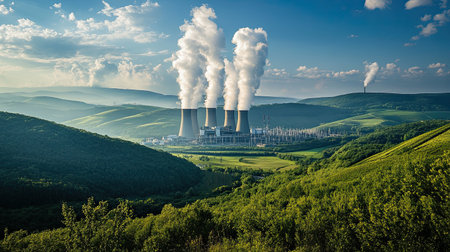 A power plant surrounded by green hills and trees, with smoke from the cooling towers rising into the blue skyの素材