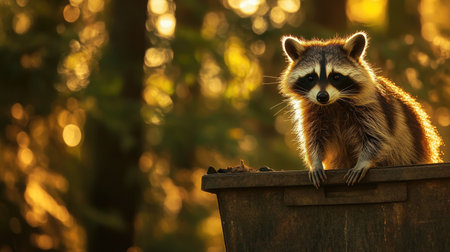 A raccoon curiously explores a trash bin in a sunlit forest, captured in the warm, golden light of early morning,の素材