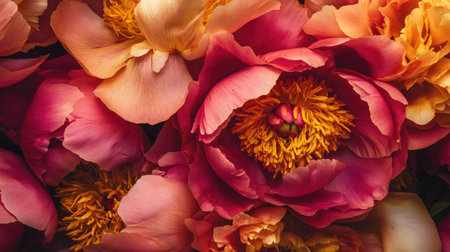 A detailed close-up of vibrant magenta and golden peony flowers, highlighting their intricate petals and rich hues in soft, natural lightの素材