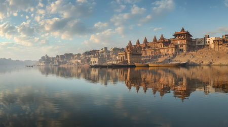A panoramic view of the Ganges River in Varanasi, with ghats and temples reflecting in the water, devoid of any peopleの素材