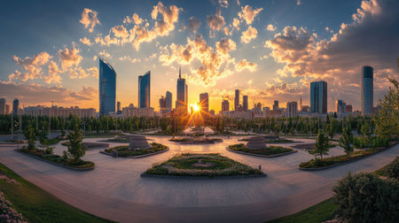 Stunning panoramic sunset view of Astana (Nur-Sultan), capturing the essence of Kazakhstan's capital with its modern structures andの素材