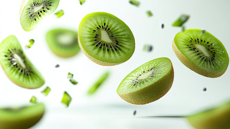 Falling kiwi pieces, frozen in mid-air against a white background, with full depth of field emphasizing their freshness and vivid colorの素材