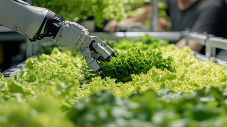 Close-up of a robotic arm efficiently harvesting lettuce in a vertical hydroponic farm, highlighting sustainable agricultural innovationの素材