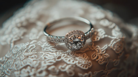 Close-up of a stunning engagement ring sitting on a wedding dress, capturing the romance and elegance of the moment.の素材