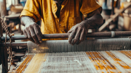 Close-up of an Indian weaver working on a handloom in a village, highlighting traditional craftsmanship.の素材
