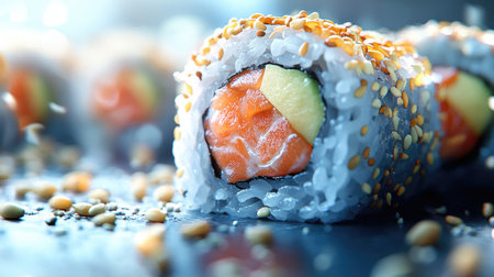 Close-up of California roll with salmon, avocado, and sesame seeds, Japanese sushi culture meets modern 3D digital art, perfect for restaurant banners.の素材