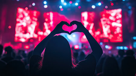 Fans making heart-shaped hands at a concert, expressing love for the artist, with vibrant stage lights and silhouettes in the background.の素材