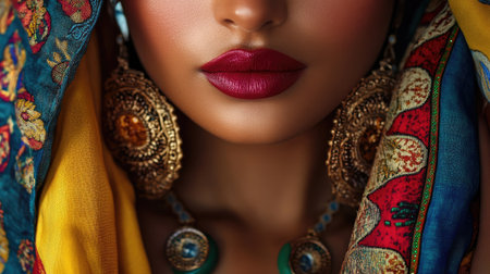A Moroccan womana elegance shines in a tight close-up, featuring vibrant fabrics and traditional jewelry, capturing the beauty of Moroccan fashion.の素材