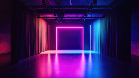 An empty stage with neon lighting in dark blue, purple, and pink tones, setting a vibrant and mysterious mood for an upcoming performance.の素材