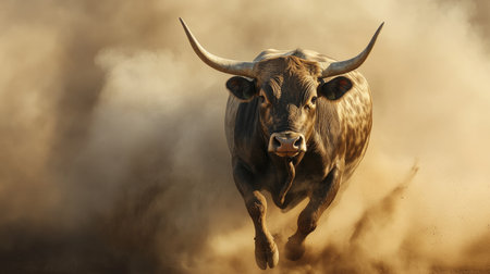 A powerful bull kicking up dust as it charges through the smoke, showcasing an unstoppable force in motionの素材