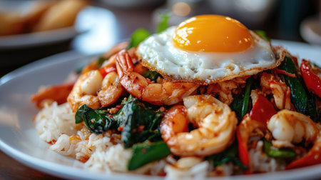 Close-up of spicy stir-fried basil with seafood on rice, garnished with a Thai fried egg, capturing the vibrant colorsの素材