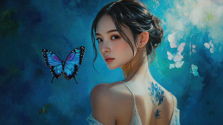 A modern oil painting of a young Asian woman with a luminous butterfly tattoo on her backの素材