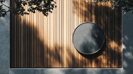 Circular signboard mockup mounted on a wooden wall, awaiting branding in a street environment. Great for signage visualsの素材