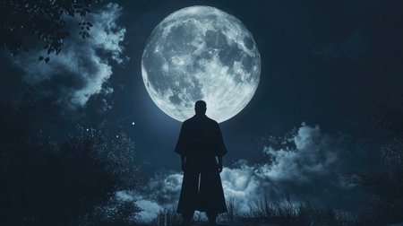 Beneath the final full moon, a powerful Japanese man stands, his silhouette strong and imposing against the night skyの素材